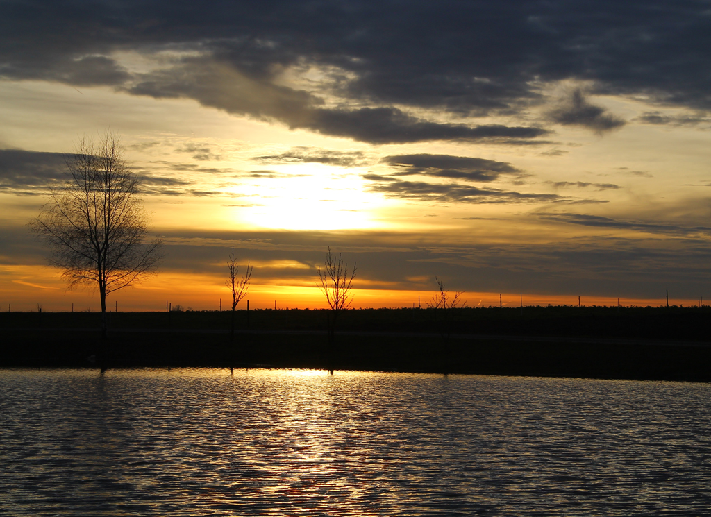 Sonnenaufgang ber einem kleinen Weiher nahe der Ortschaft Marikappel (Landkreis Schwbisch Hall), 29.12.2012