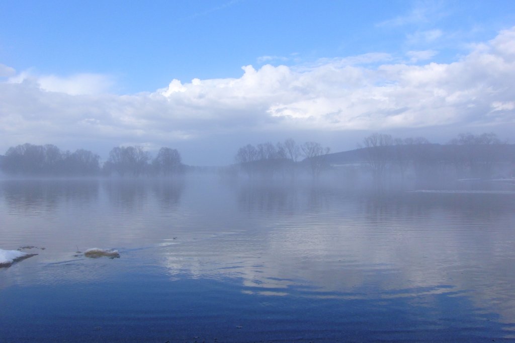 berschwemmte Wiese bei Rentweinsdorf am 8.1.2011 zur Mittagszeit.Zu diesem Zeitpunkt lie das kalte Schmelzwasser und das milde Klima den Nebel entstehen