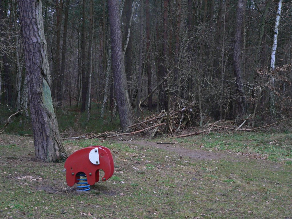 Waldspielplatz - nur dort sieht man einen roten Elefanten im Wald. Ostseebad Binz, 27.12.2011
