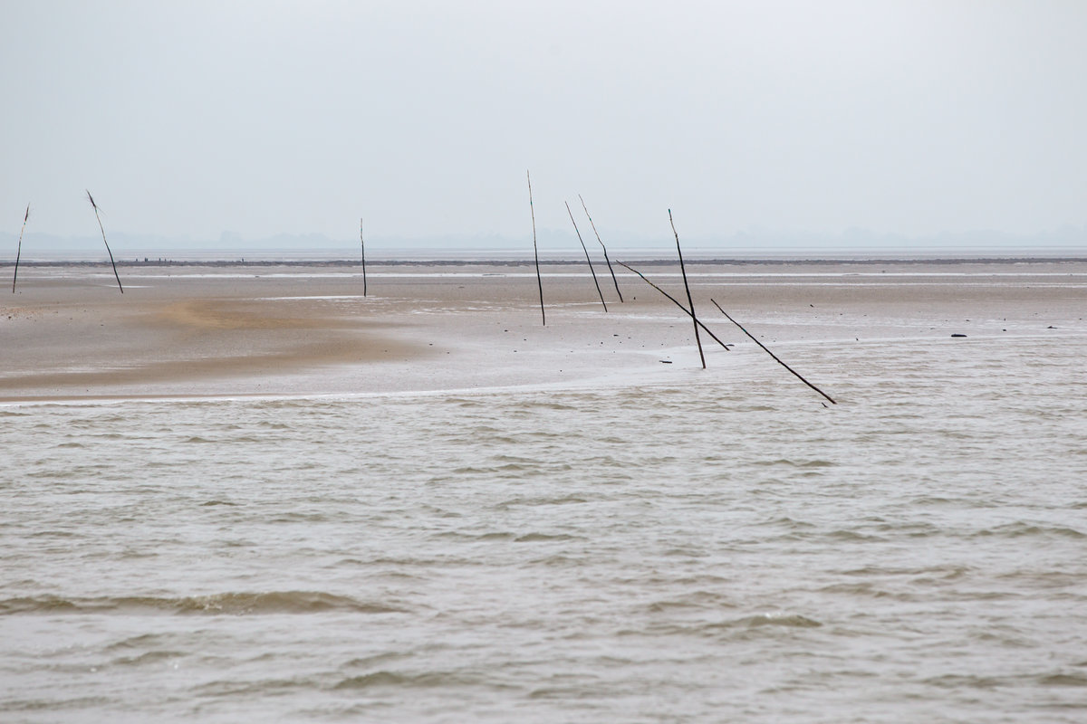 14.6.2020 - Priel im Jadebusen bei Ebbe. Schön zu sehen das mit Pricken versehene Fahrwasser