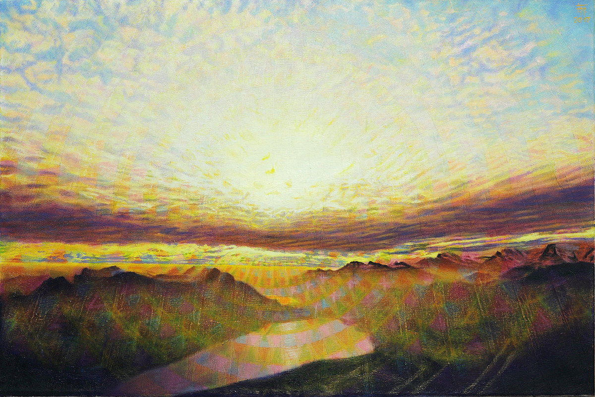  Abendsonnenstrahlen , Gemälde: Öl, Goldpastell auf überklebter Leinwand, 2003/2017, 80 x 120 cm; Blick vom Säntis in der Schweiz zur untergehenden Sonne, die von einer außergewöhnlichen Wolkenformation verdeckt ist...