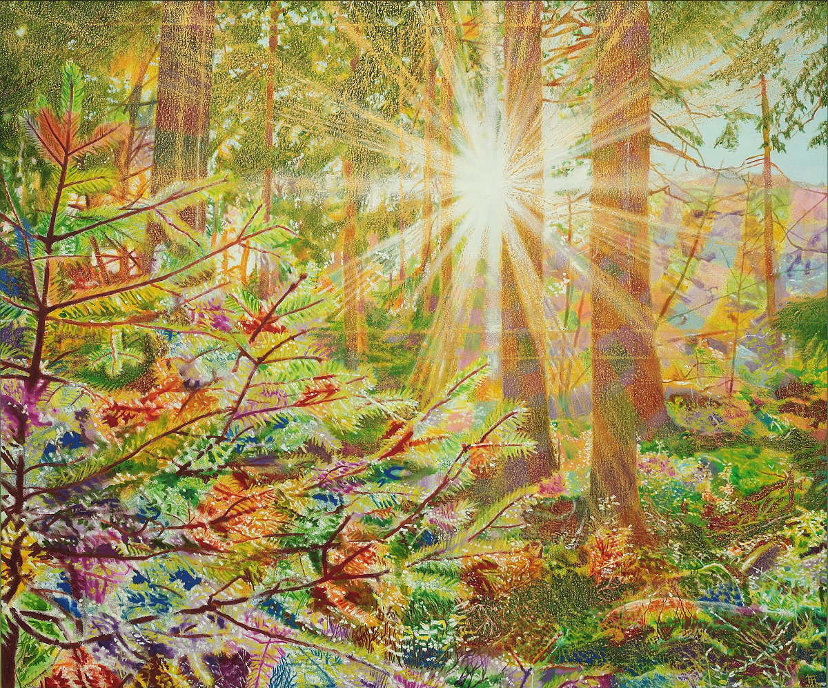  Achtermannurwaldsonne , Öl auf Baumwolle, 2013, 100 x 120 cm; Blick durch den Wald der Achtermannshöhe in Richtung der Felspyramide auf dem Gipfel...