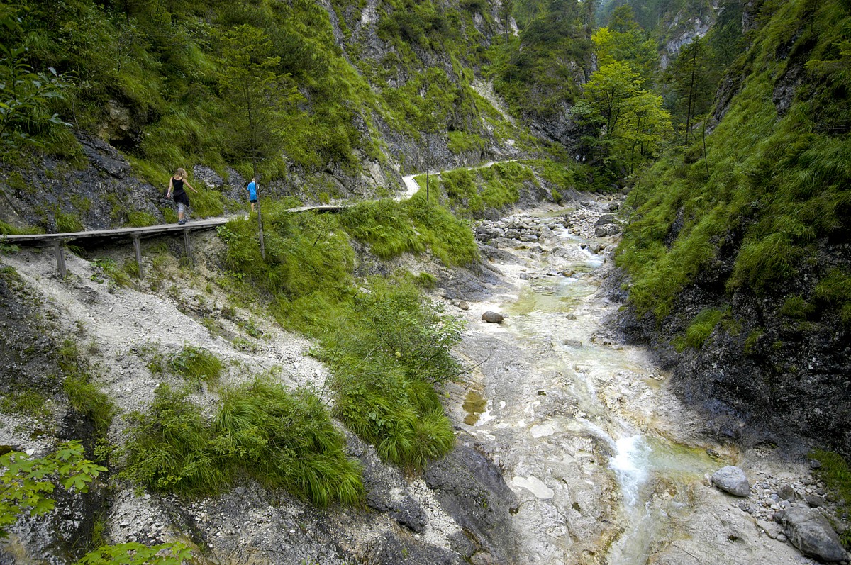 Almbachklamm im Berchtesgadener Land - Nachdem man nun den engsten Bereich der Klamm hinter sich gelassen hat, öffnet sich die Schlucht ein wenig und der Weg wird insgesamt weniger steil. Aufnahme: Juli 2008.