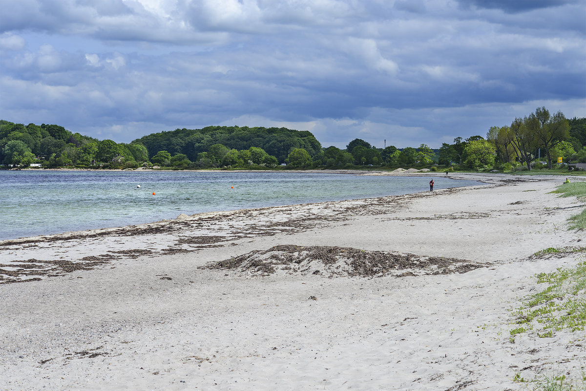 Am Südstrand von Eckernförde. Im Hintergrund ist das Schnellmarker Holz zu sehen. Aufnahme: 28. Mai 2019.