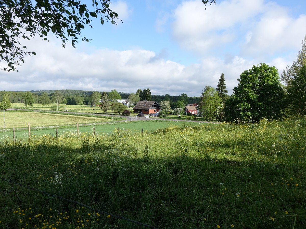 Aussicht auf Bauernhöfe bei Brunn, Hökerum, Västra Götalands län (14.06.2015)
