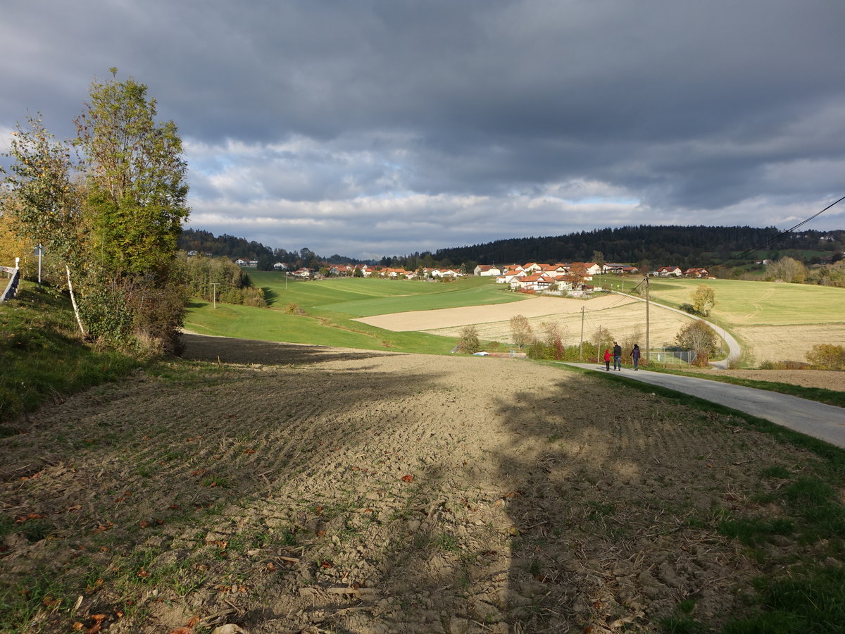 Aussicht auf den Ort Krinning auf der Wegscheider Hochfläche, Lkr. Passau (21.10.2018)