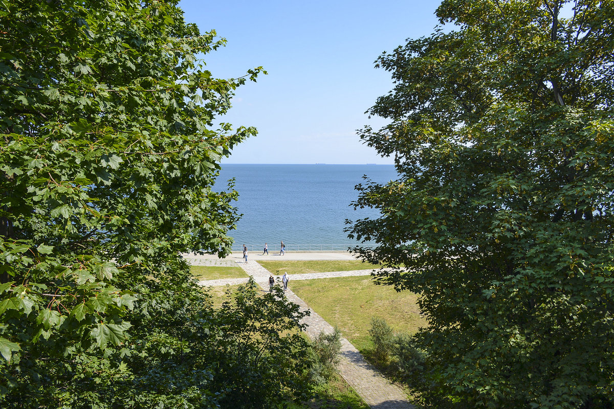 Aussicht vom Turm an der Westerplatte nördlich von Danzig (Gdánsk). Aufnahme: 12. August 2019.