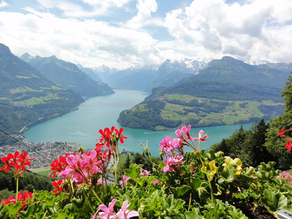 Aussicht vom Urmiberg auf Brunnen (links) und den Urnersee (Teil vom Vierwaldstättersee). 10.06.2018.