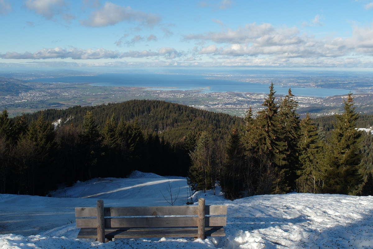 Blick vom 1370 m hohen Lank, einem Berg im Bregenzerwald, auf den östlichen Teil des Bodensees (10.01.2015)