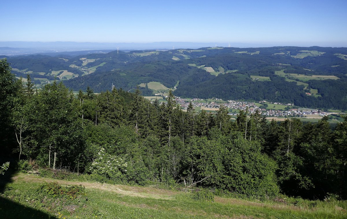 Blick vom 907m hohen Hörnleberg im mittleren Schwarzwald ins Elztal, am Horizont die Vogesen, Juni 2019