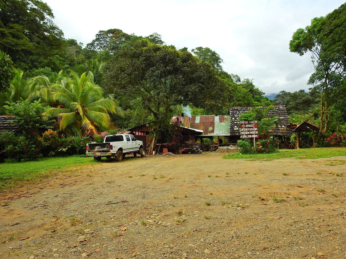Blick auf eine abgelegene  Soda  (einfaches, ländliches, Restaurant) inmitten des Regenwaldes in Ojochal, Provinz Puntarenas, in Costa Rica. Foto aus dem August 2016.