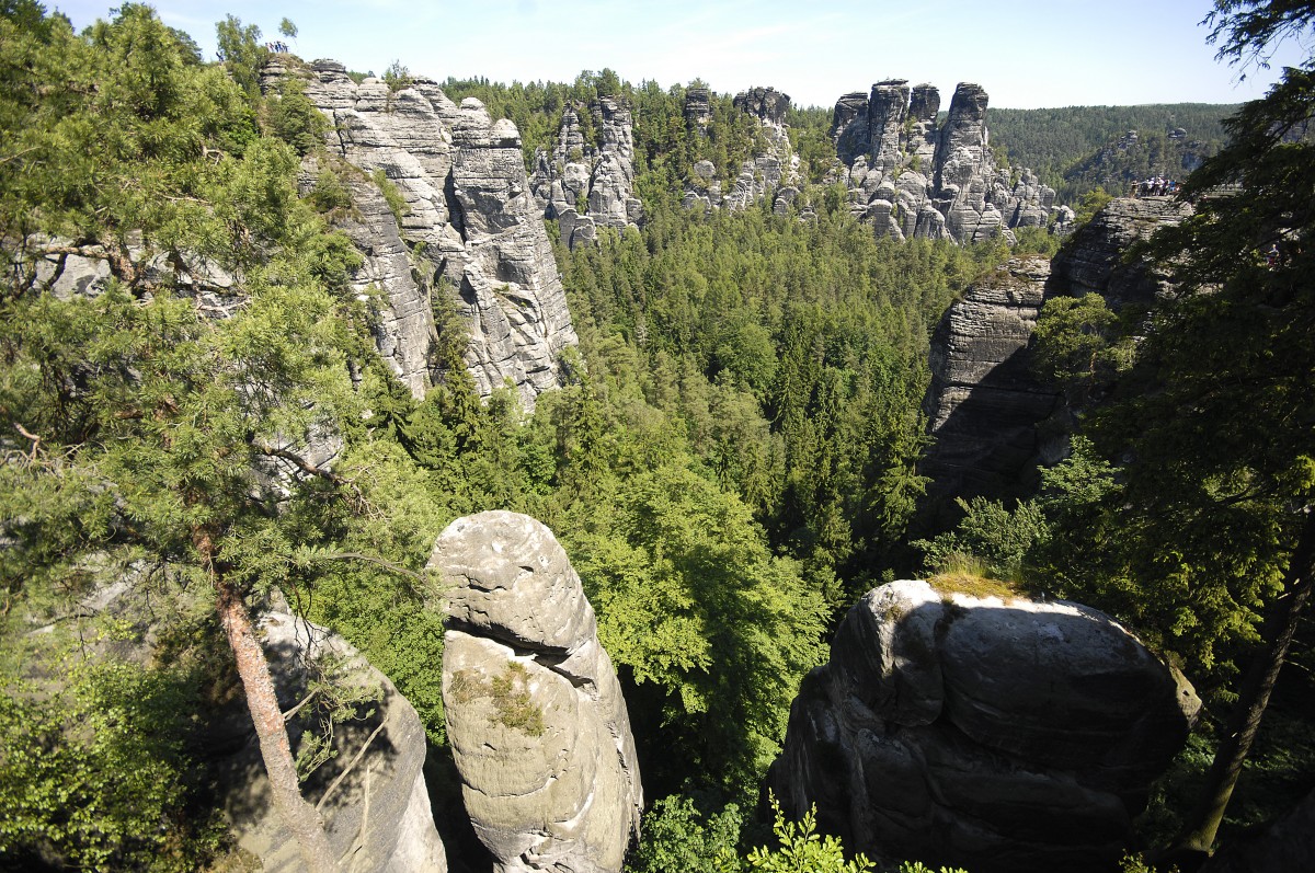 Blick auf Basteischluchtturm im Nationalpark Sächsische Schweiz. Im Hintergrund Schwarze Säule, Pate und Kehlkopf. Aufnahme: Juni 2014.