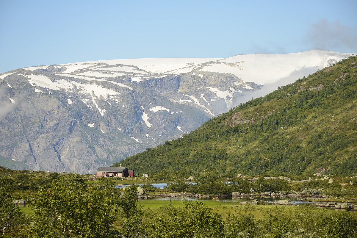 Blick auf ein Teil des Folgefonna Gletschers vom Wanderweg Skjeggedal-Trollltunga (Hardanger - Norwegen). Aufnahme: 8. Juli 2018.