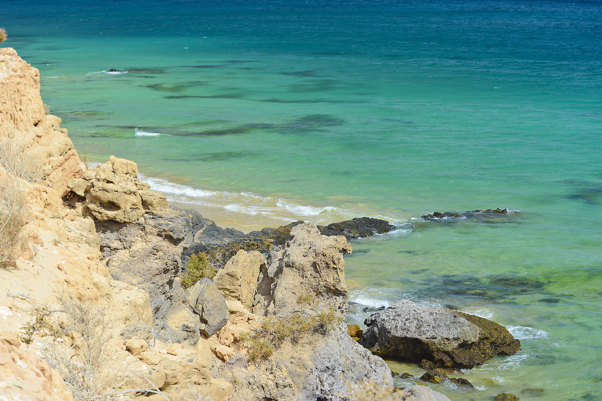 Blick auf den Felgenstrand vor Costa Calma auf der Insel Fuerteventura - Spanien. Aufnahme: 21. Oktober 2017.