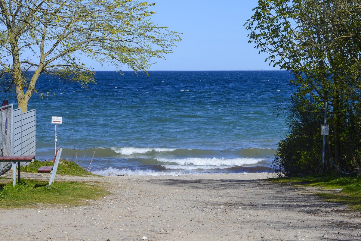 Blick auf die Flensburger Förde von Fischer-Lietzow-Weg in Norgaardholz. Aufnahme: 21. April 2020.