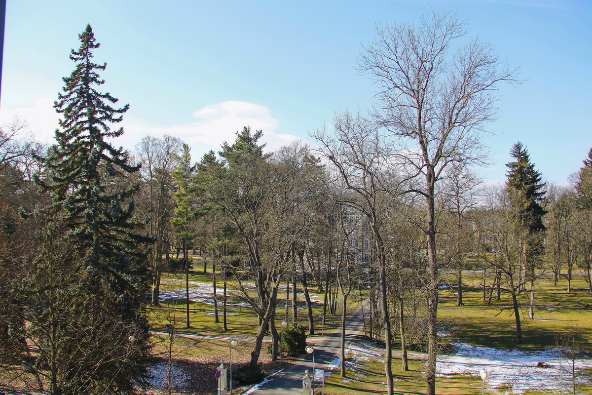 Blick auf den Kurpark von Franzensbad aus einem angrenzenden Hotel am 22. Februar 2018.