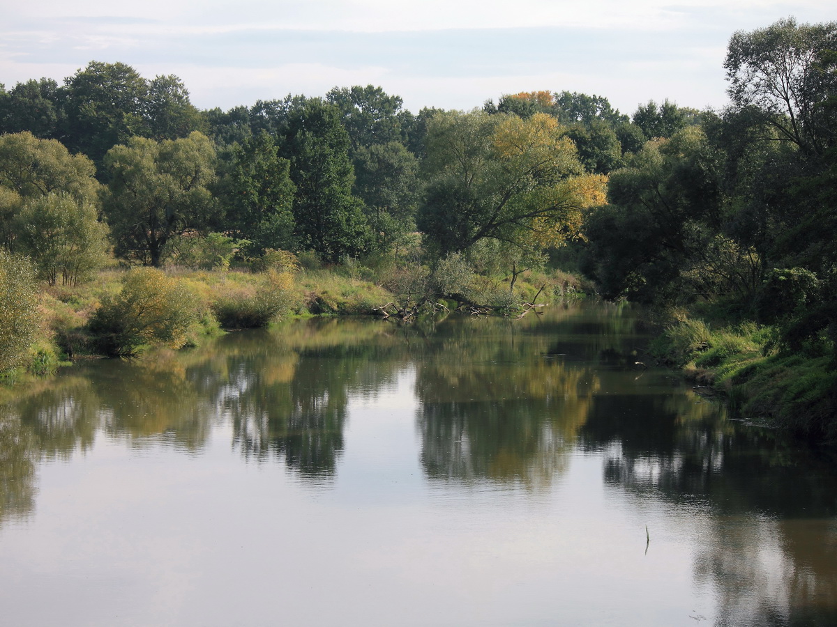 Blick auf die Lausitzer Neiße von der neuen Fußgängerbrücke (alte Eisenbahnbrücke) am Ortseingang von Bad Muskau in südlicher Richtung.