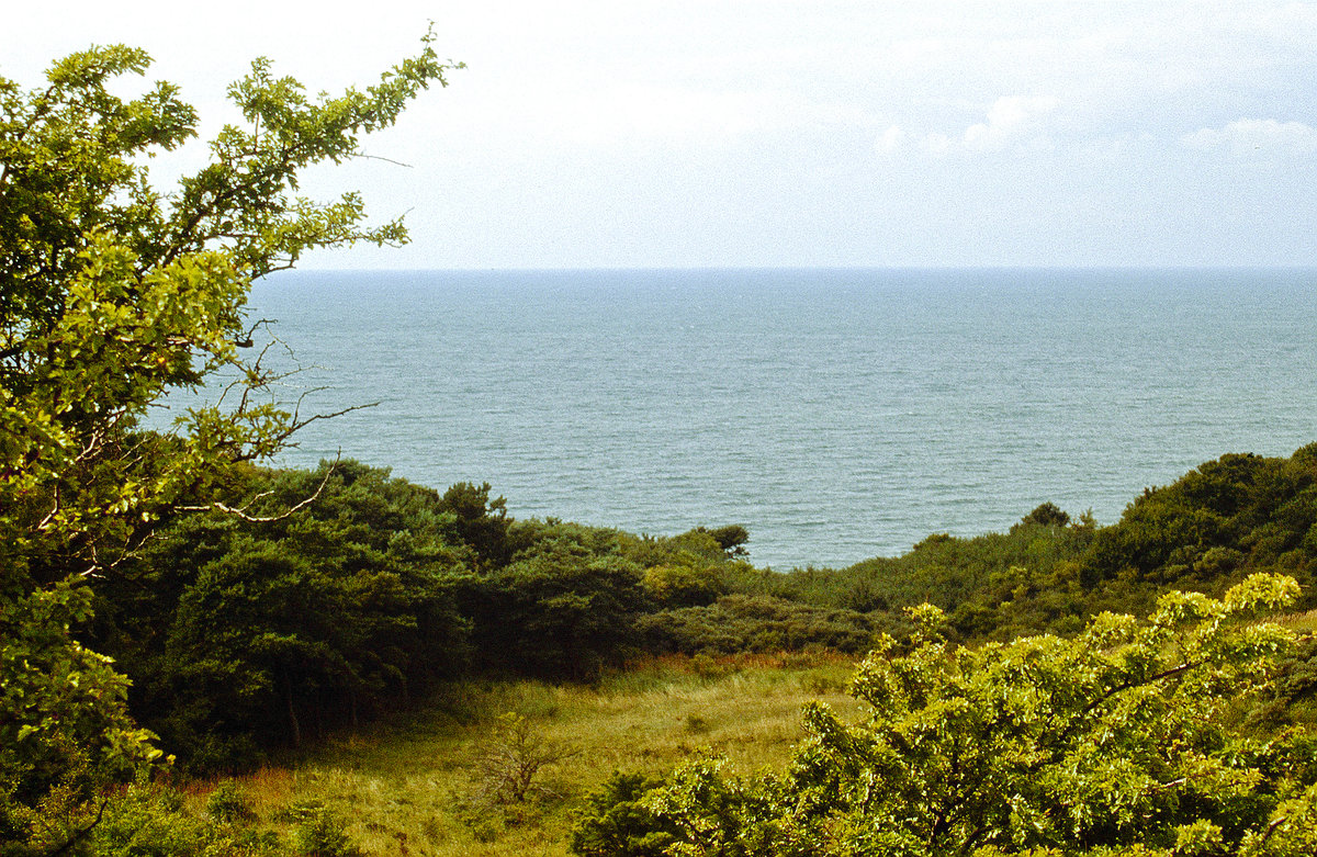 Blick auf Rennbaumhuk auf der Insel Hiddensee. Bad vom Dia. Aufnahme: August 2001.