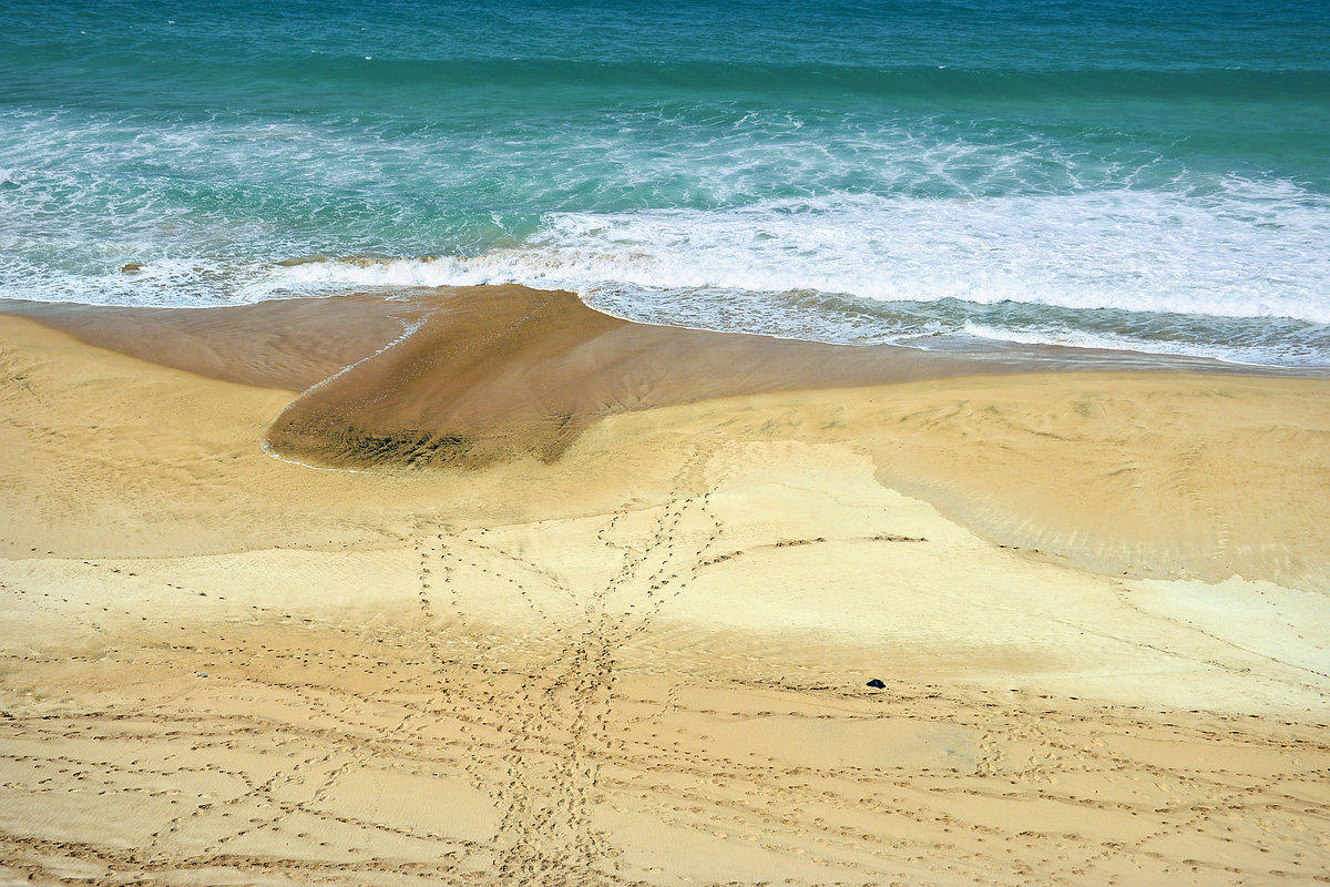 Blick auf den riesigen Sandstrand südlich von El Cotillo auf der Insel Fuerteventura in Spanien. Aufnahme: 18. Oktober 2017.