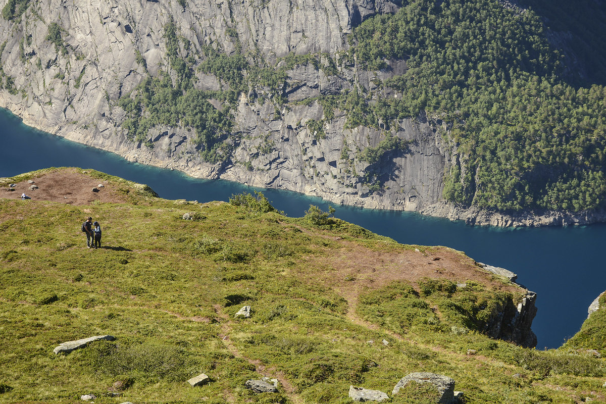 Blick auf Ringedalsvatnet vom Wanderweg Skjeggedal-Trolltunga im norwegischen Hardanger. Aufnahme: 8. Juli 2018.