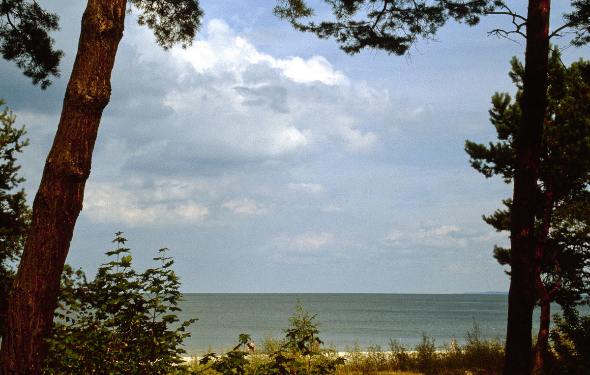 Blick auf den Strand und die Ostsee bei Bansin auf Rügen. Bild vom Dia. Aufnahme: August 2001.