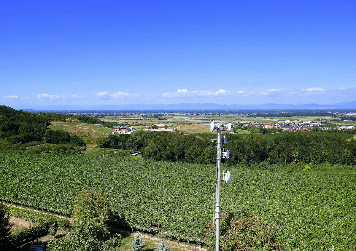 Blick von der Aussichtsplattform auf dem 282m hohen Heuberg bei Ettenheim Richtung Süd-West in die Rheinebene, am Horizont die Vogesen, Aug.2022