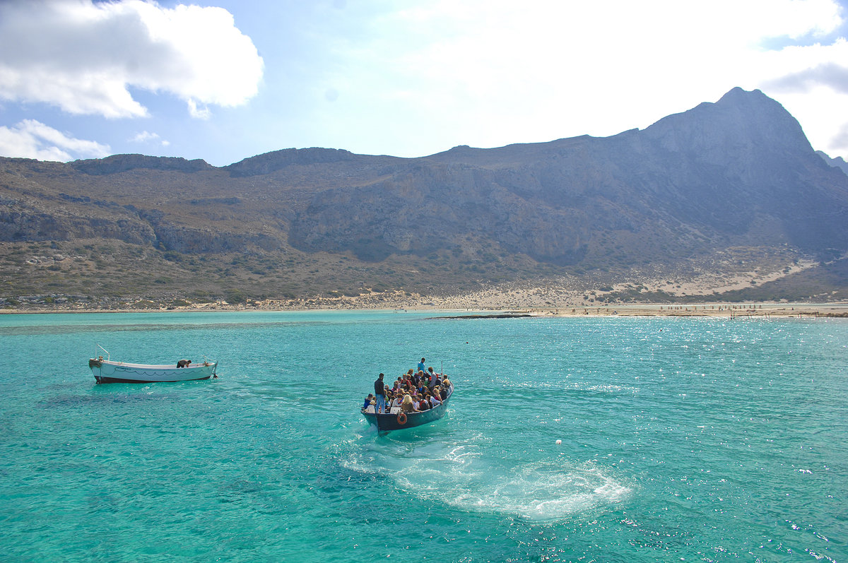 Blick vom Boot auf die Halbinsel von Gramvousa auf Kreta. Aufnahme: 20. Oktober 2016.