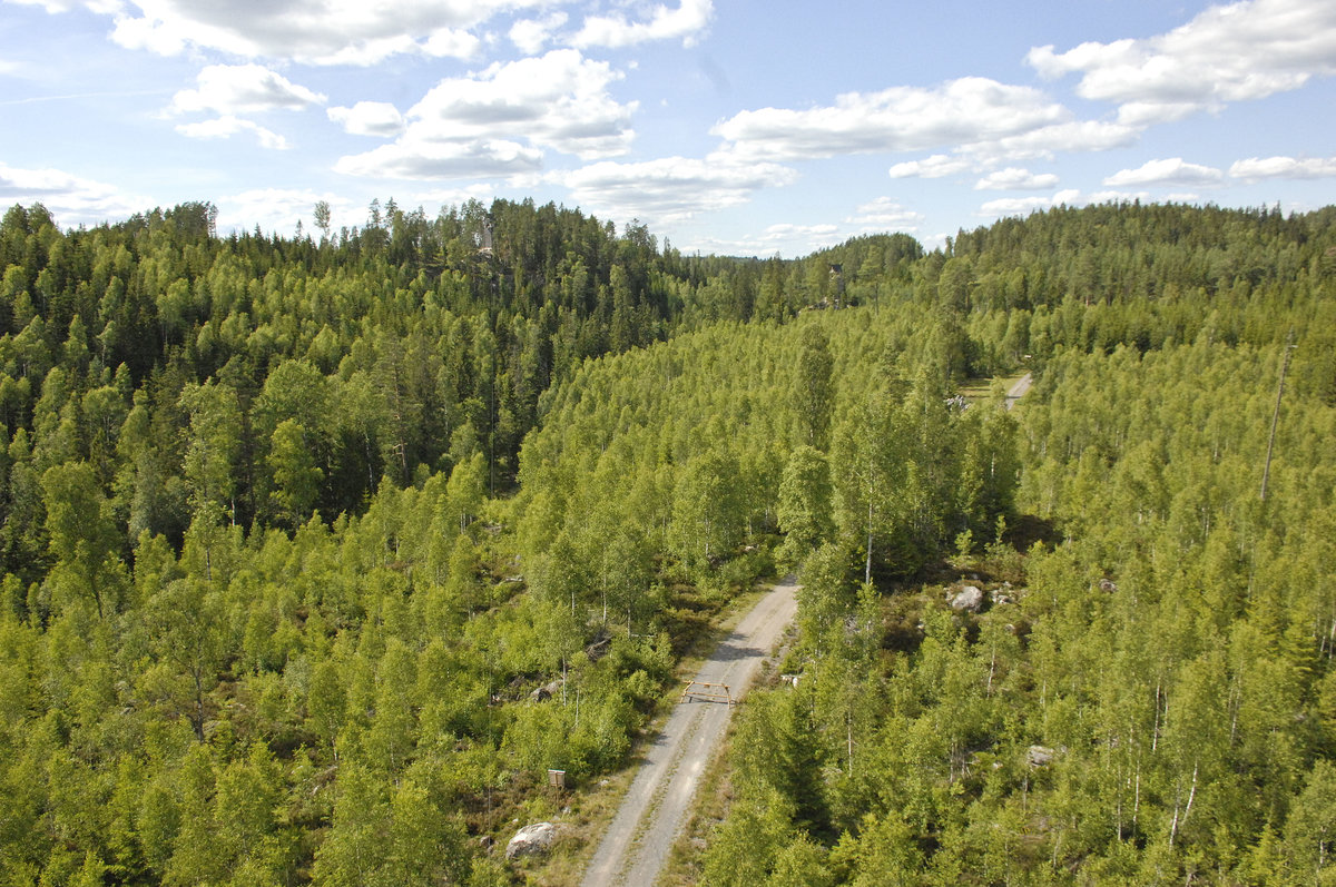 Blick von einem Turm der Schweden Zipline im »Little Rock Lake« nördlich von Klaveström in Småland. Aufnahme: 20. Juli 2017.