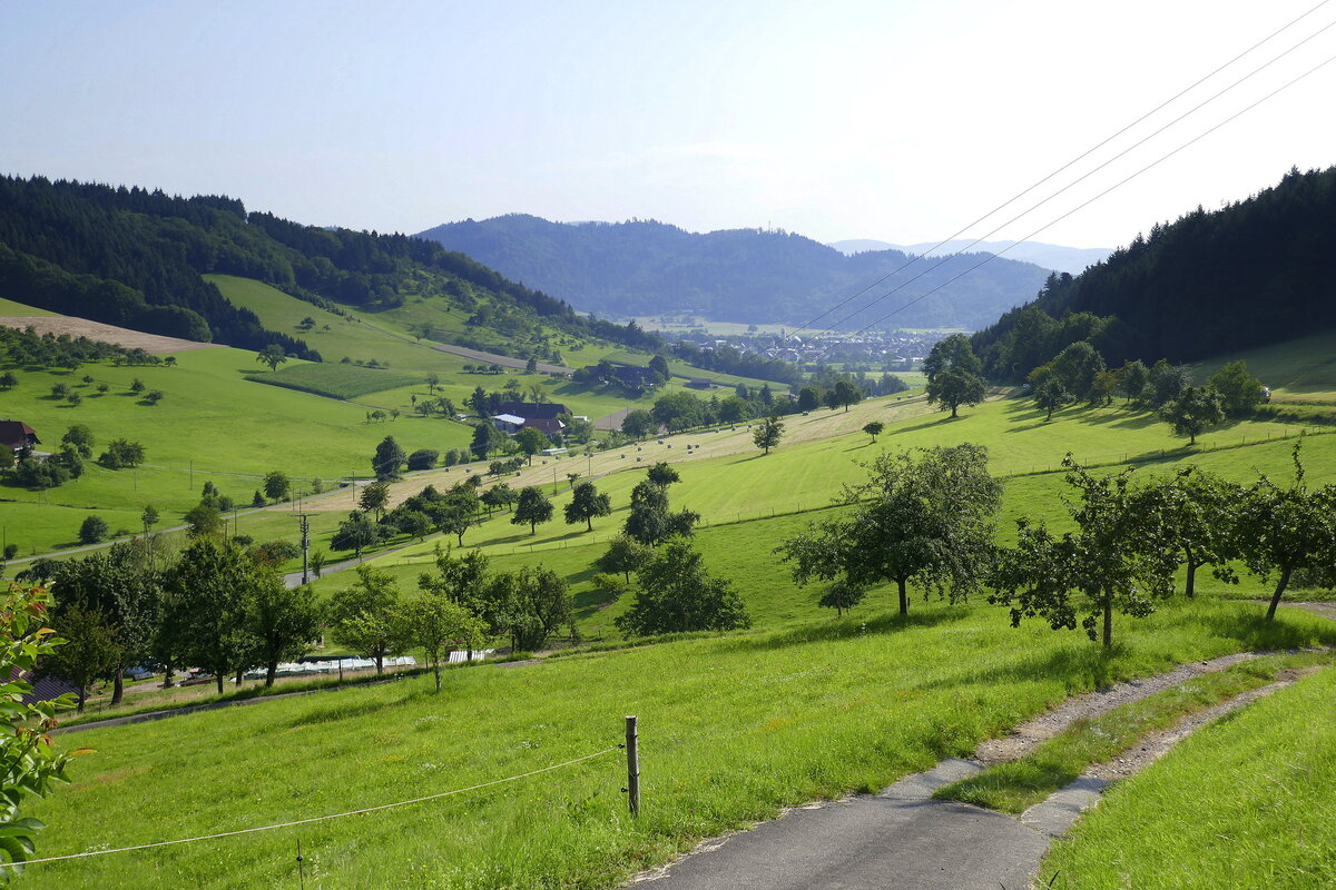 Blick ins Emmersbachtal, im Hintergrund Biberach im Kinzigtal, mittlerer Schwarzwald, Juli 2021