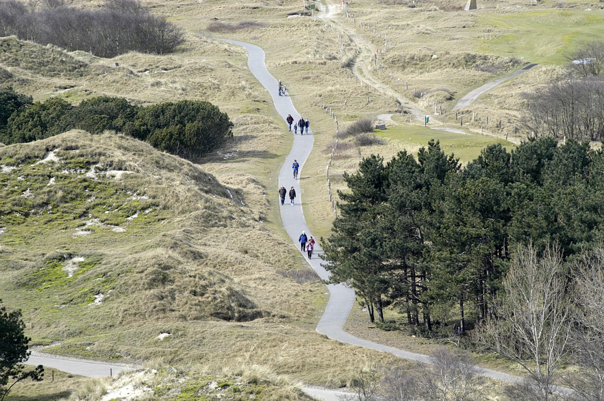 Blick vom Leuchtturm Norderney auf dem Radweg nach Südstrandpolder. Aufnahme: März 2008.