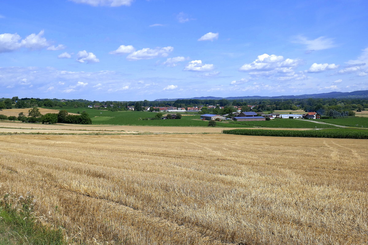 Blick vom Marchhügel nach Norden ins Freiburger Becken mit der Ortschaft Holzhausen, am Horizont die Vorberge des Schwarzwaldes im Landkreis Emmendingen, Juli 2020