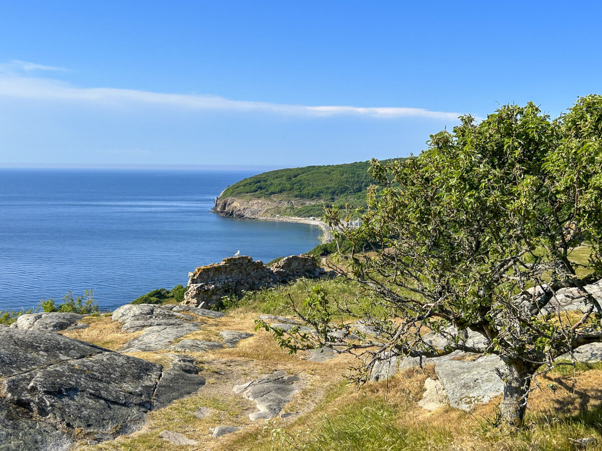 Blick in Richtung Hammerknuden an der Nordseite von der dänischen Ostseeinsel Bornholm.Der Name Hammerknuden bedeutet zu deutsch etwa »hammerförmiger Granitfelsen«.
Aufnahme: 16. Juni 2023.