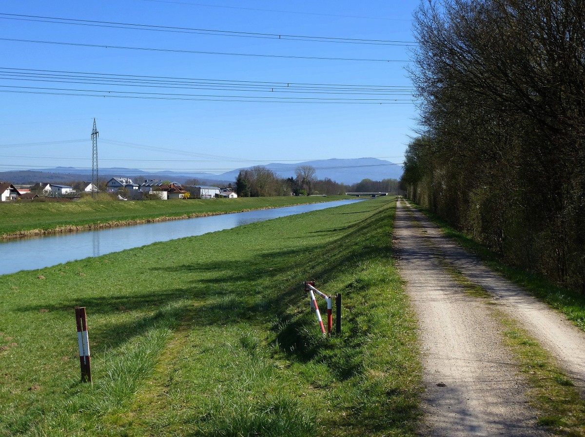 Blick von Riegel am Kaiserstuhl entlang der Elz in Richtung Teningen, im Hintergrund der Schwarzwald, Mrz 2014