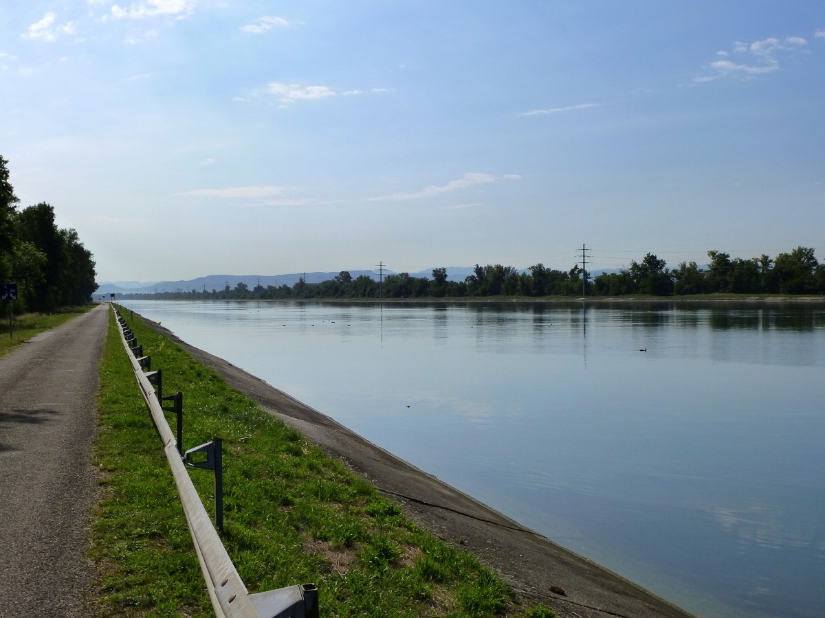 Blick von der Schleusenanlage Kembs rheinaufwrts Richtung Basel, am Horizont die Berge der Schweizer Jura, Aug.2015 