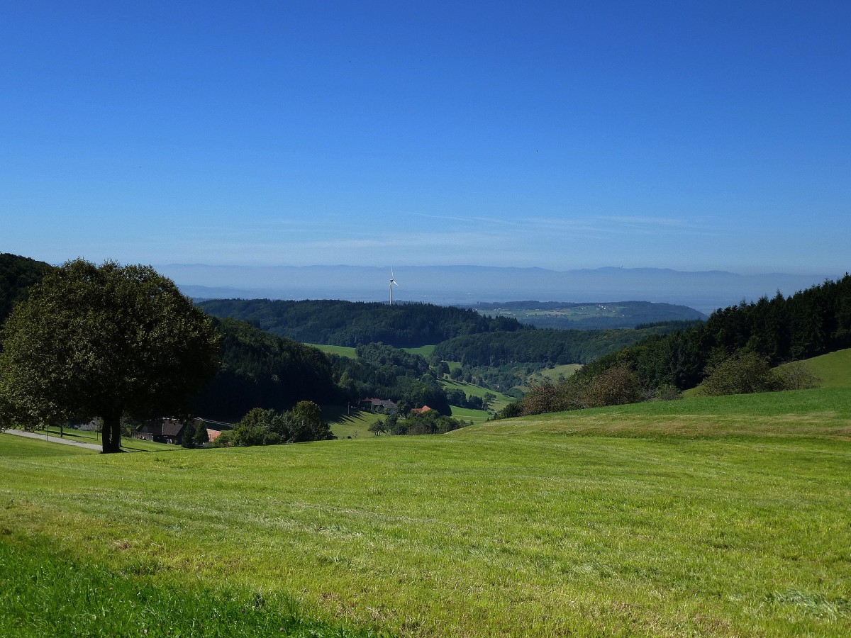 Blick vom Schwarzwald ins Brettental/Freiamt und hinber zu den Vogesen am Horizont, Sept.2013 