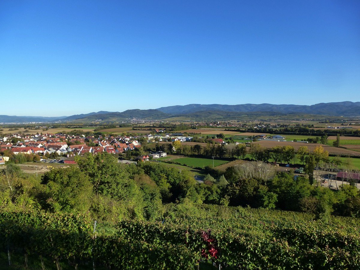 Blick von der Südspitze des  Tuniberges über die Rheinebene zum Schwarzwald, links im Vordergrund der Ort Munzingen, dahinter am Horizont ein Teil von Freiburg, Okt.2014