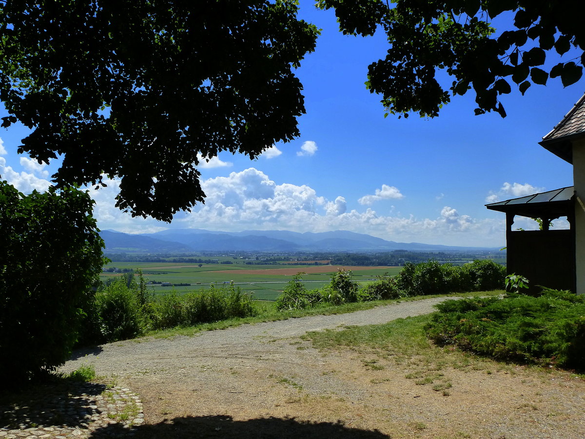 Blick von der Südspitze des Tuniberges über die Rheinebene zum Schwarzwald, rechts die Erentrudiskapelle, Aug.2018