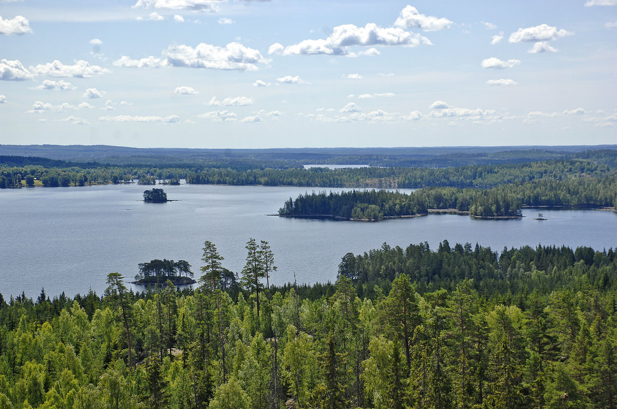 Blick über Änghultasjön. Aus zwanzig Metern Höhe hat man am »Little Rock Lake« einen kilometerweiten 360 Grad Panoramablick über Schwedens schönste Wälder und Landschaft. Aufnahme: 20. Juli 2017.