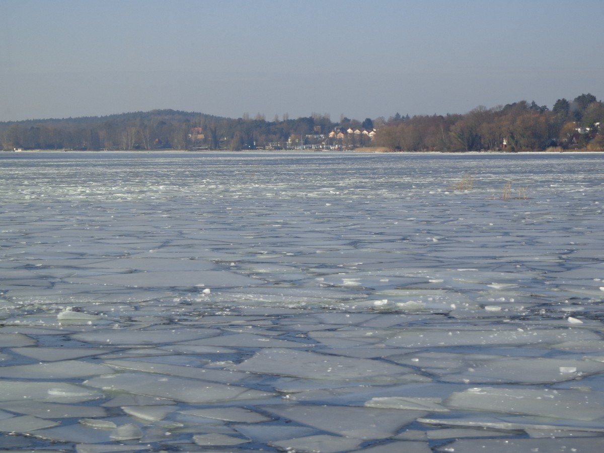 Blick über die noch mit Eisstücken verdeckte Havel nach Berlin-Kladow und Sacrow am 4.2.14