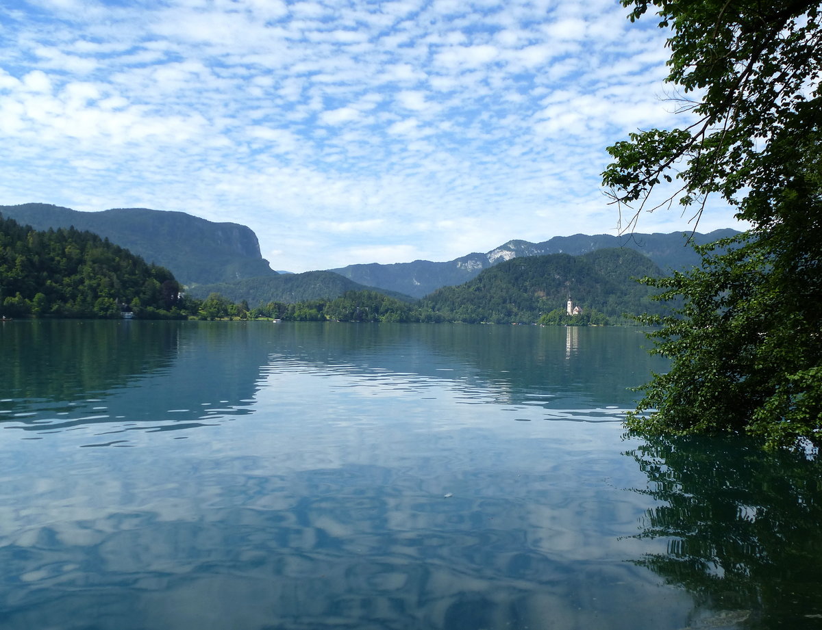 Blick ber den See in Bled(Veldes) mit den Bergen der Julischen Alpen, Juni 2016