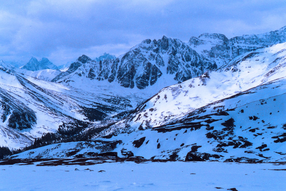 Blick vom Wapta Icefield im kanadischen Jasper National Park. Aufnahme: Mai 1987 (digitalisiertes Negativfoto).