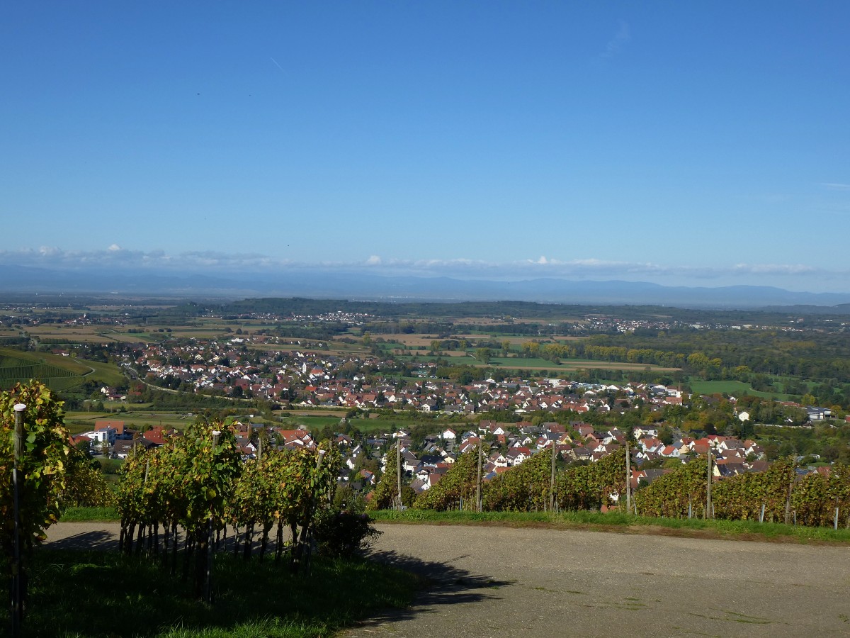 Blick von den Weinbergen bei Ebringen im Markgräflerland in die Rheinebene, im Hintergrund die Vogesen, Okt.2014