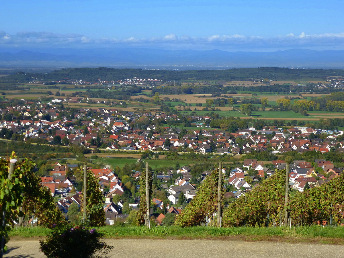 Blick von den Weinbergen des Markgrflerlandes bei Ebringen nach Schallstadt und dem Tuniberg, am Horizont die Vogesen, Okt.2014