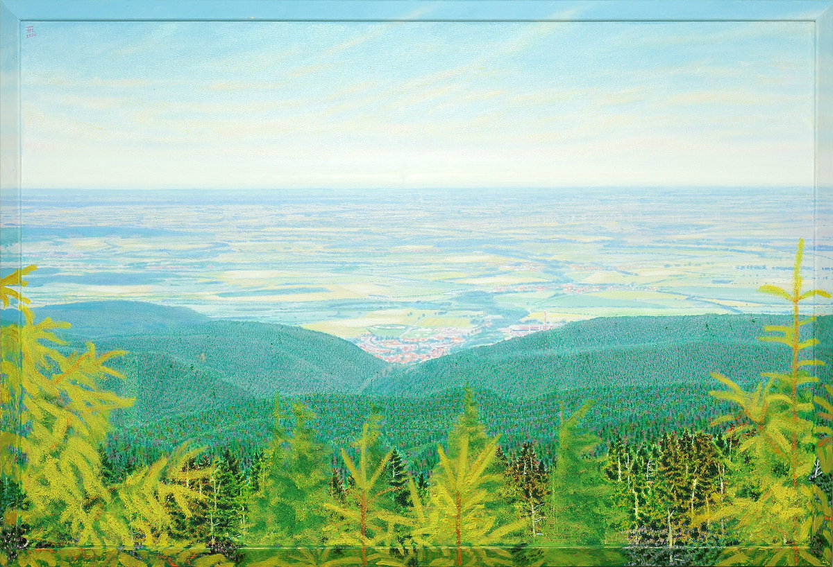 Brockenseptemberweite , Gemälde: Öl auf Baumwolle + Holz (-Rahmen), 2009, 86 x 126 cm, Blick vom Brocken Richtung Norden über das Ilsetal mit Ilsenburg am Harznordrand, Elm und Lappwald bei Helmstedt und weit darüber hinaus...