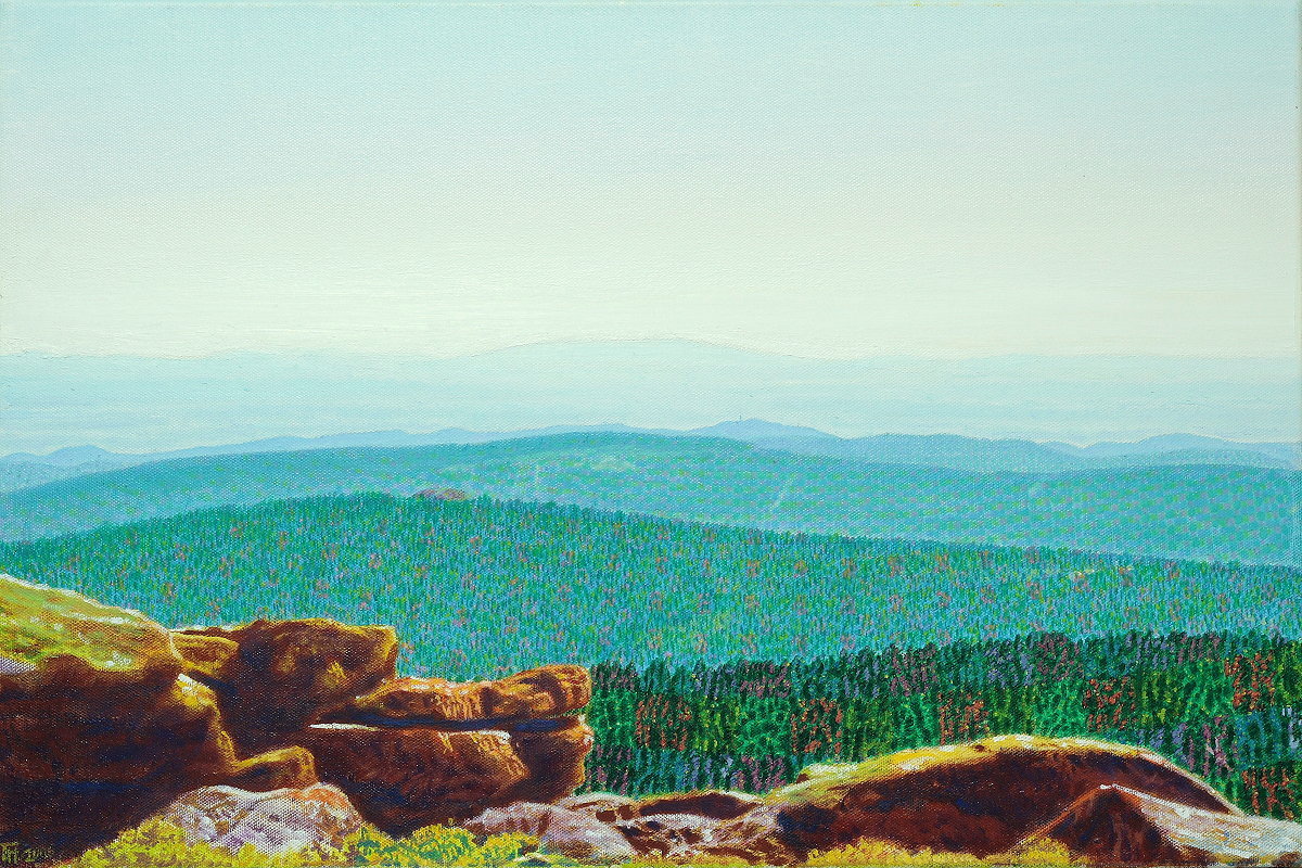  Brockensteinweite , Gemälde: Öl auf Baumwolle, 2006 - 2009, 40 x 60 cm; Blick vom Brocken Richtung Südwesten über die Achtermannshöhe mit ihrem Felsgipfel, dem Rehberg, dem Großen Knollen mit seinem Aussichtsturm im Südharz bis zur Silhouette des ca. 85 km entfernten Hohen Meißner bei Kassel in Hessen (am Horizont)...