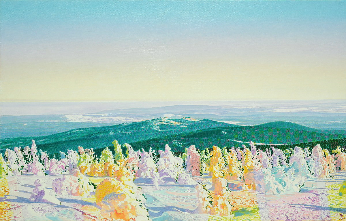  Brockenwinterheidenweite II , Öl auf Baumwolle, 2007, 80 x 125 cm; Spätnachmittagsstimmung Ende Januar auf dem Brocken, Blick nach Osten...