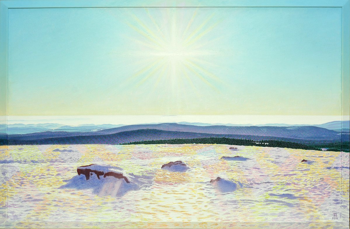  Brockenwintersonnenweite ; Öl auf Baumwolle + Holz (-Rahmen), 2010, 86 x 131 cm; Blick vom Brockengipfel kurz vor Sonnenuntergang nach einer Aufnahme Anfang Januar 2009...