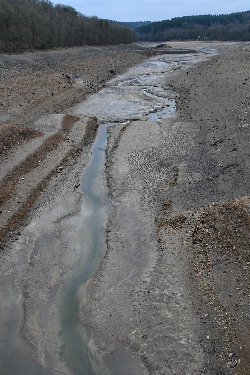 Das ausgetrocknete Flußbett der Glör an der Glörtalsperre. (Breckerfeld, Februar 2018)