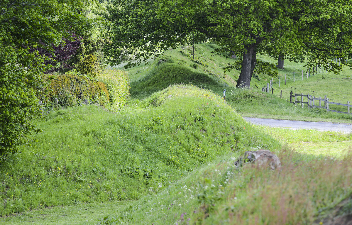 Das Danewerk am Dorf Danewerk östlich von Schleswig. Die Archäologie unterteilt die Baugeschichte in einen vorwikingerzeitlichen, einen wikingerzeitlichen und einen mittelalterlichen Abschnitt. Der Schwerpunkt der Ausbautätigkeit liegt in der Vorwikingerzeit. Das Danewerk ist also kein genuin wikingerzeitliches Denkmal.
Aufnahme: 27. Mai 2019.