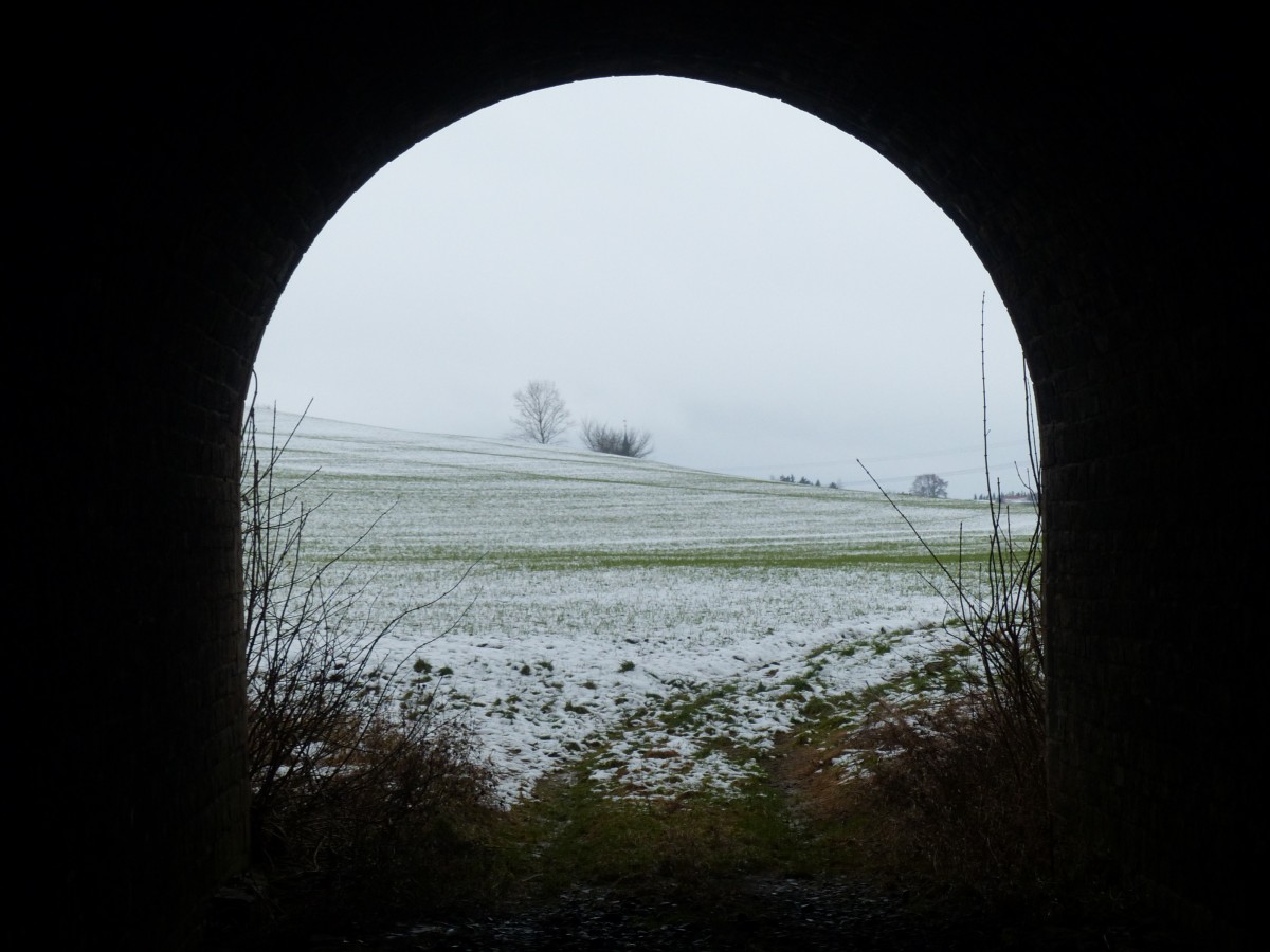 Das Feld an der Bahnbrücke - alte Bahnanlagen ermöglichen oft beeindruckende Durchblicke. 25.1.2014, irgendwo zwischen Vieselbach und Hopfgarten.